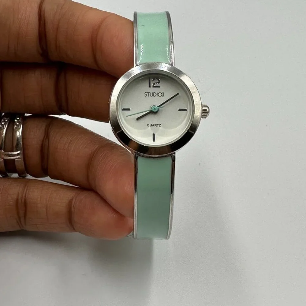 3/$30 Studio Time Watch Women Silver Tone Mint Green Bangle Band New Battery 7